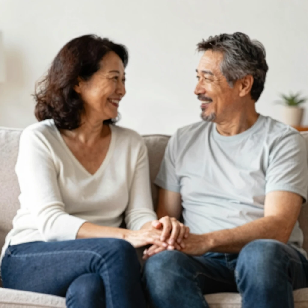 ソファに座って手を繋ぎ、親しげに話す幸せな中年夫婦の様子