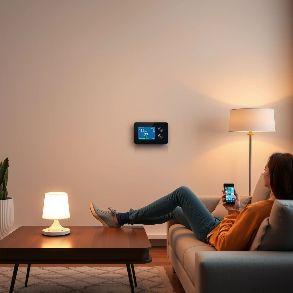 スマートライトが点灯したモダンなリビングルームで、ソファに座った人がスマホでデバイスを制御している様子