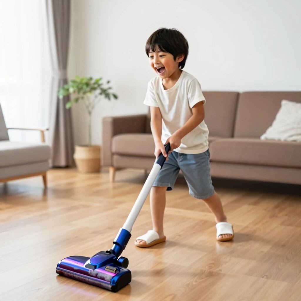 可愛い子供が楽しそうに掃除機をかけている様子