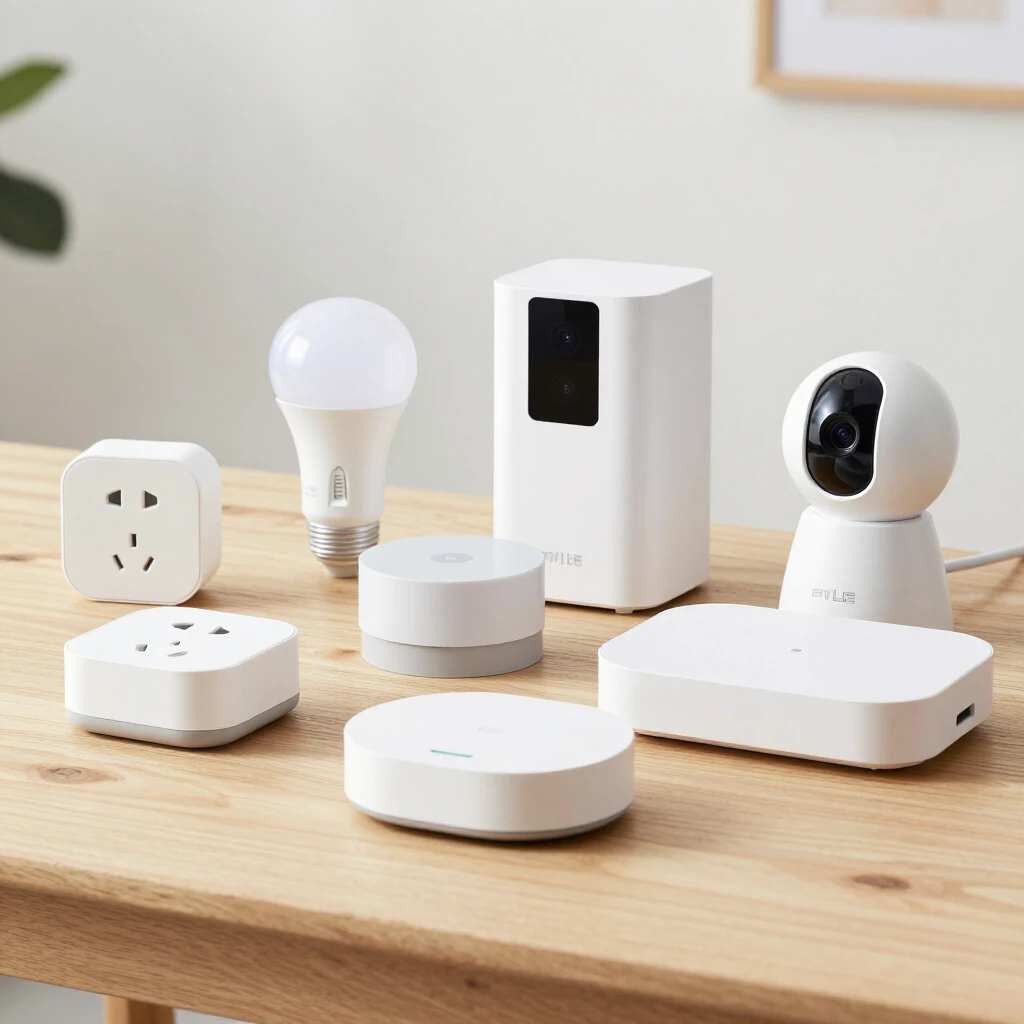 テーブルに並べられたさまざまなIoTスマートホームガジェット。スマートプラグ、電球、カメラ、ハブなど