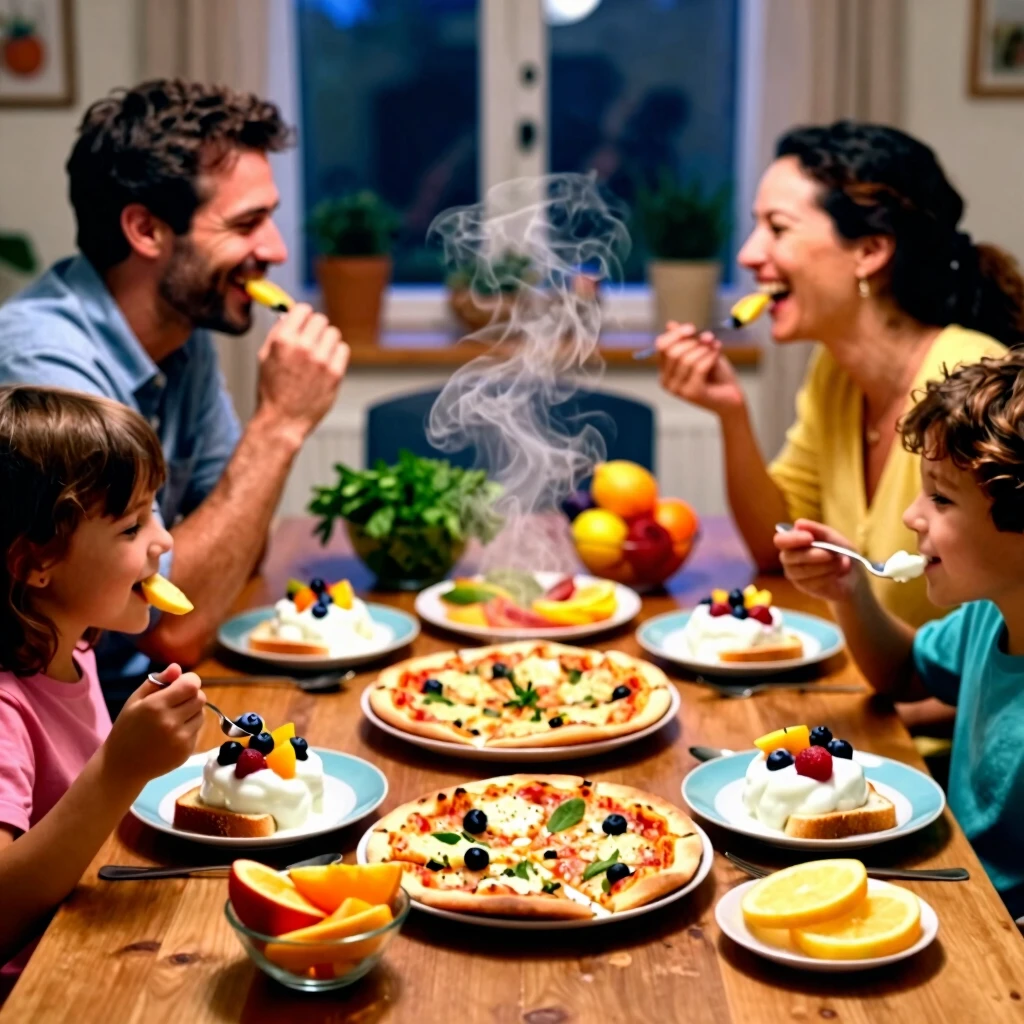 家族が食卓で手作りパフェ、トースト、ピザを笑顔で囲む様子、温かい食べ物の湯気が立ち上る