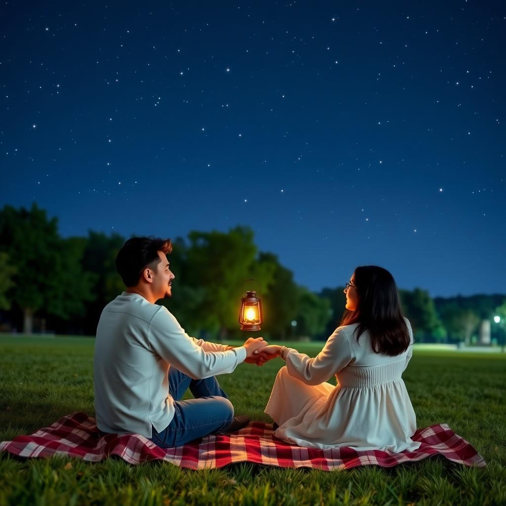 公園の毛布の上で星空を見ながら手をつなぐカップル。小さなランタンが二人の顔を照らし、背景には星空と緑豊かな公園が広がる。
