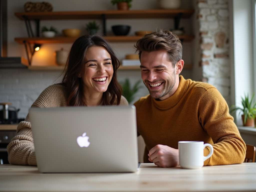 夫婦がキッチンテーブルで笑いながら週の計画を立てている様子。ラップトップとコーヒーマグが置かれています。