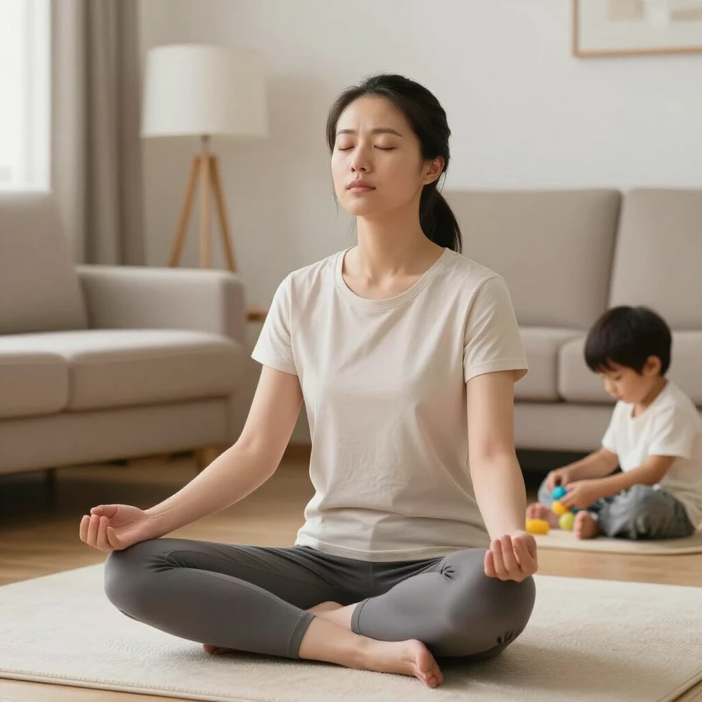 家で深呼吸をするリラックスしたお母さんと、近くで遊ぶ子どもの様子