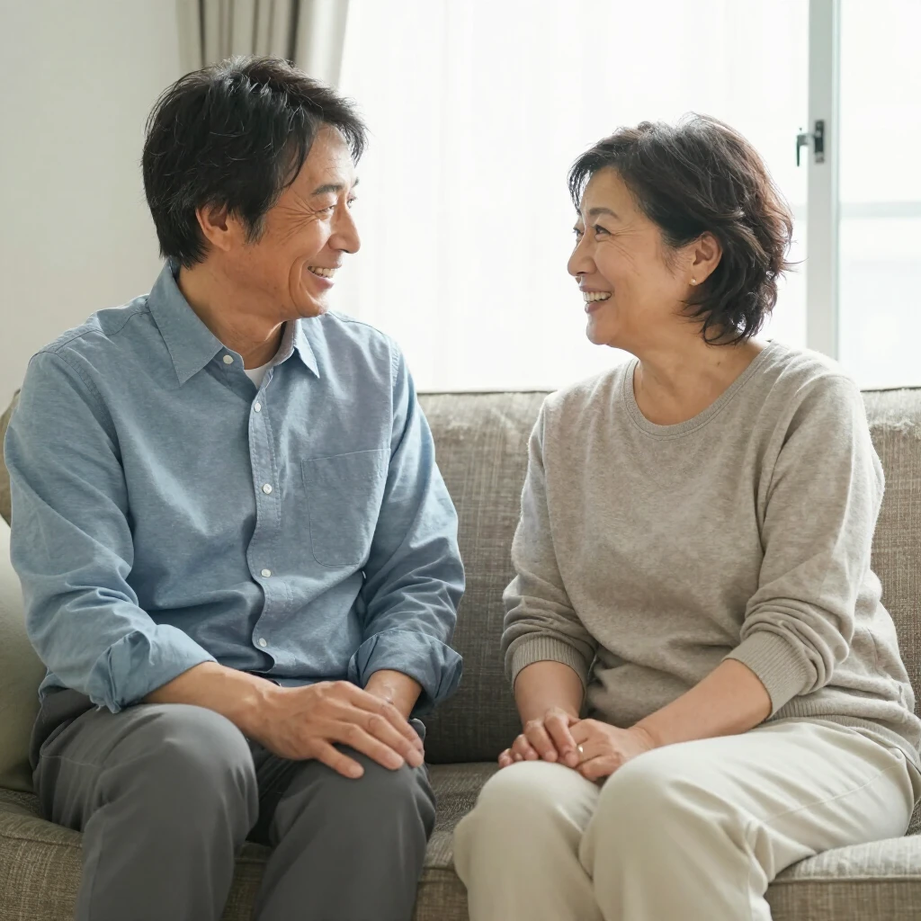 幸せそうにソファで話す中高年の夫婦