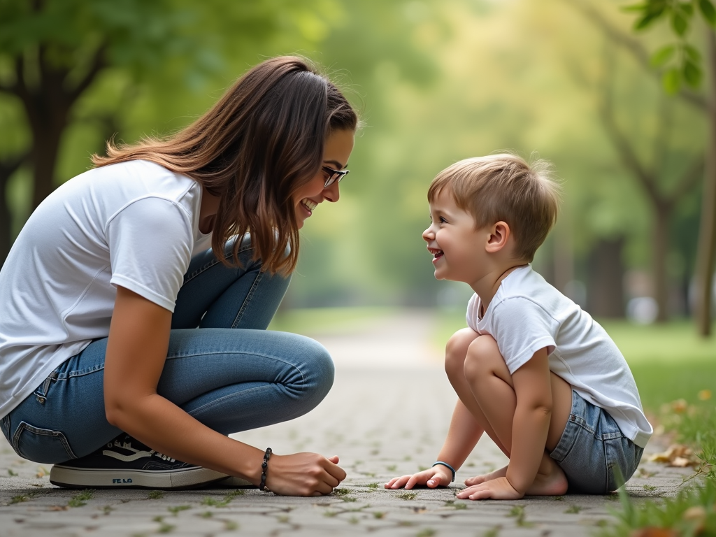 親が子どもの目線に合わせて話している様子