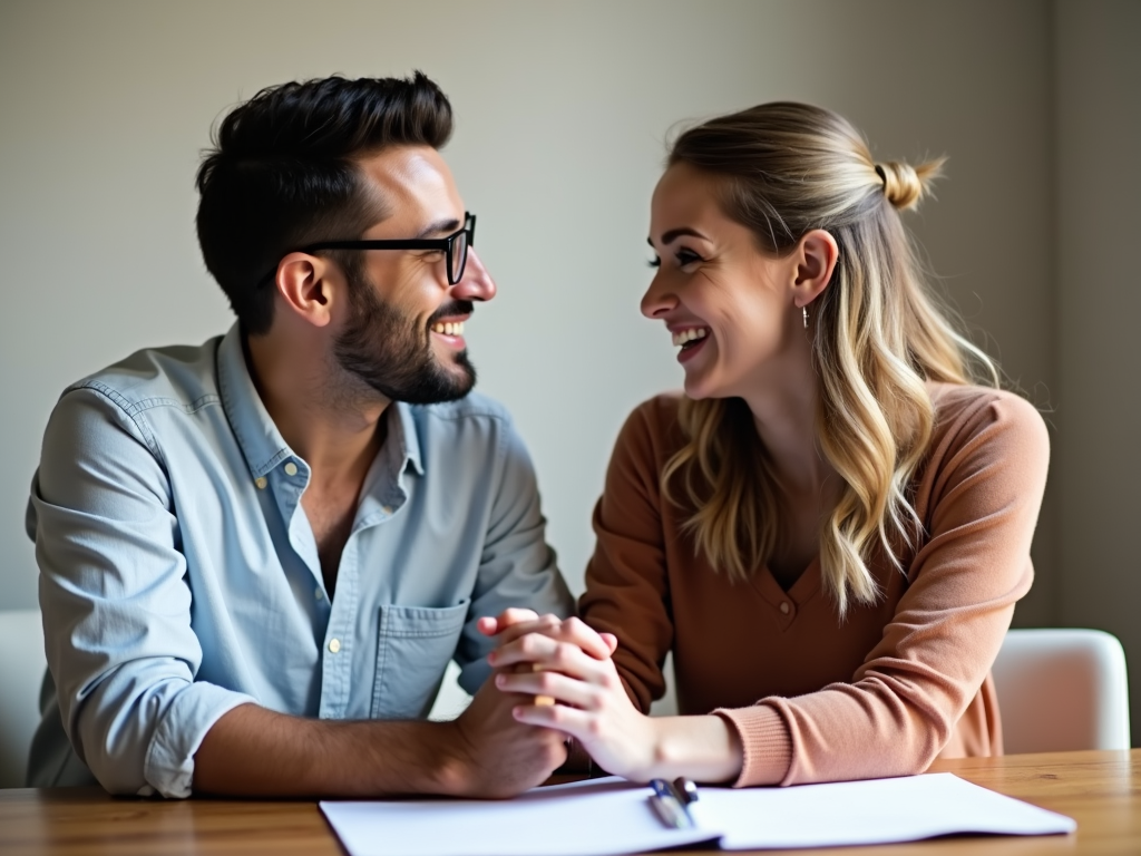 テーブルで手を取り合い、笑顔で話す夫婦。近くにノートとペンがあり、一緒に計画を立てている様子