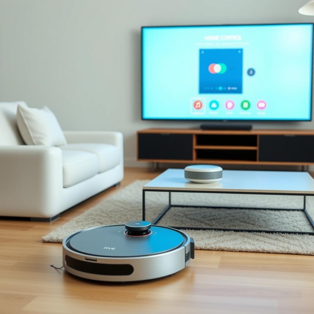 ロボット掃除機とスマートスピーカーが連携するモダンなスマートホーム。白いソファと大型スマートTVが背景にあり、TV画面にはホームコントロールアプリが表示されている。