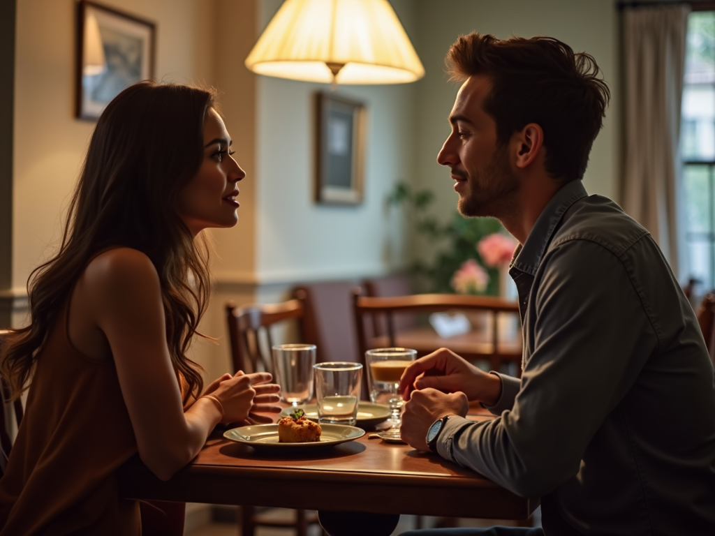 テーブルに座り、開かれたボディランゲージで会話をしている夫婦。居心地の良いカフェや自宅のダイニングエリア。