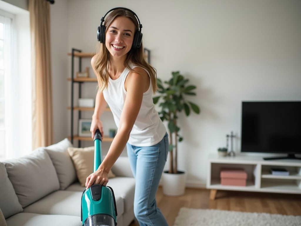 笑顔の若い女性がヘッドフォンをしながら掃除機をかけている。楽しそう。