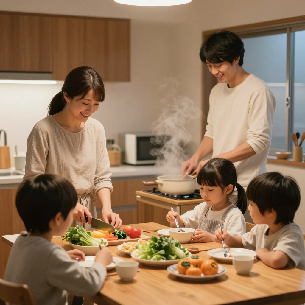 家族で楽しく夕食の準備をする温かなキッチンの様子