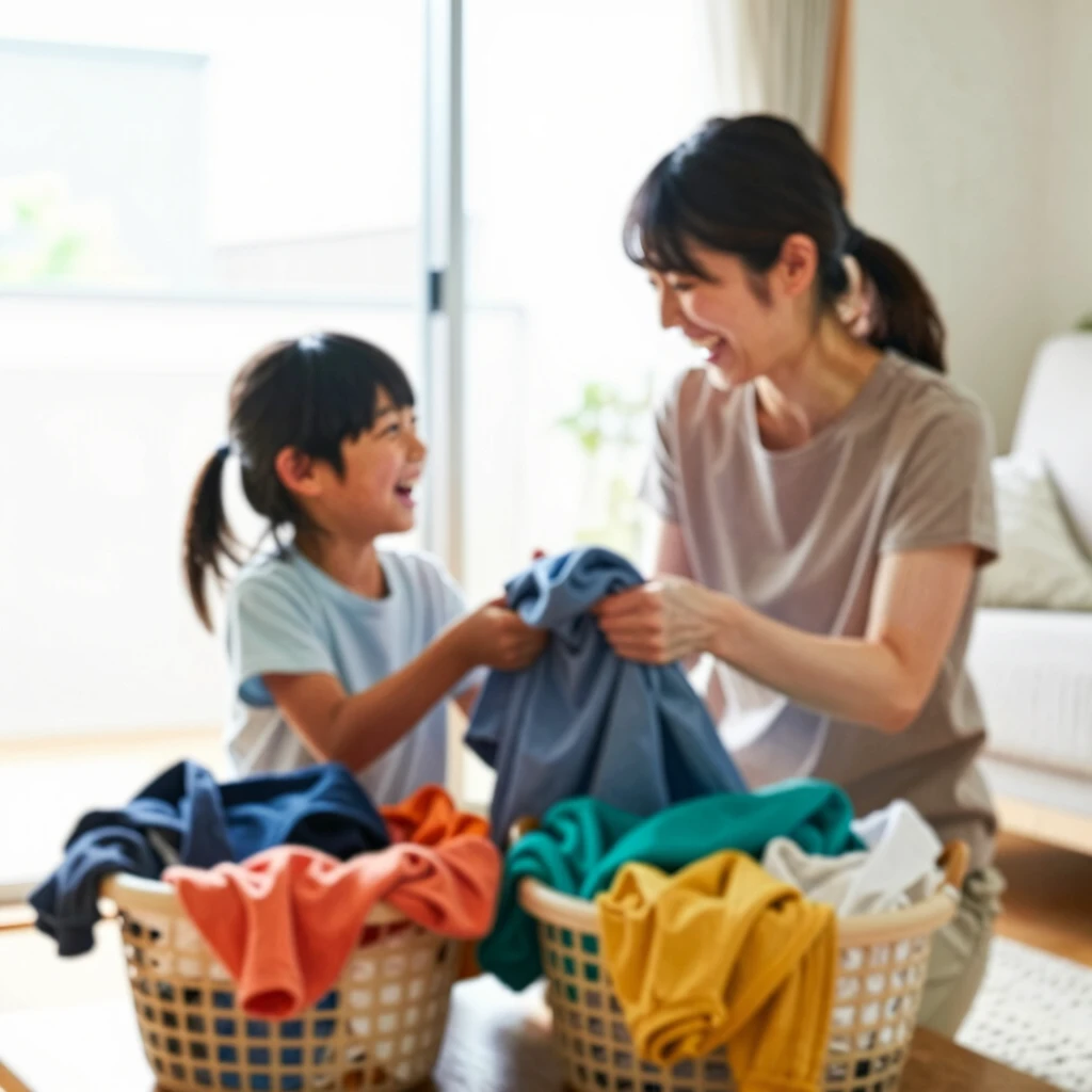 子供たちが母親と一緒に洗濯物を畳む楽しげなシーン