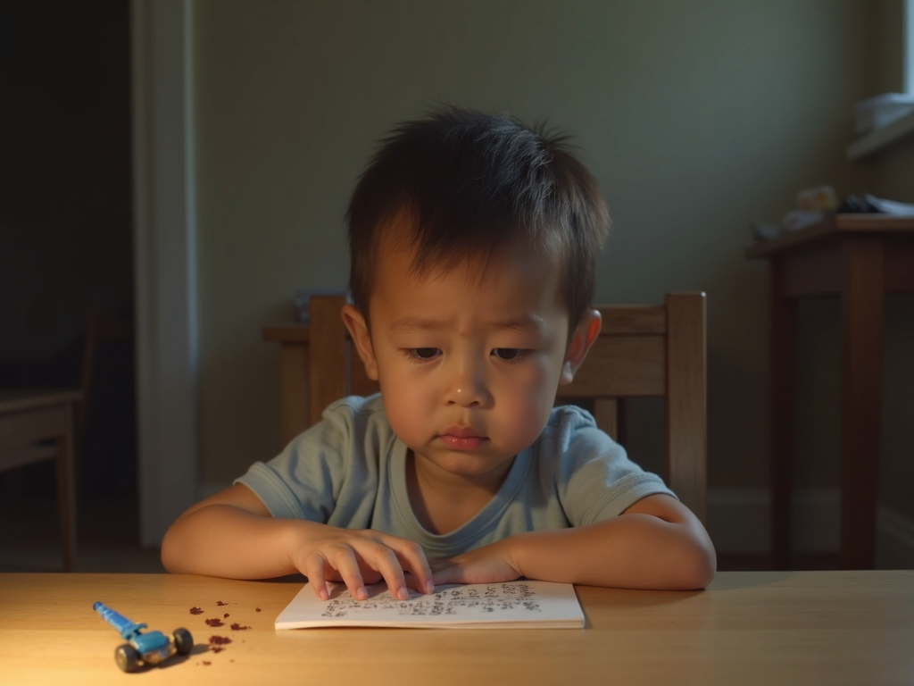 子供が悲しそうにテーブルに座り、壊れたおもちゃが目の前にある様子。部屋は柔らかい光に包まれている。