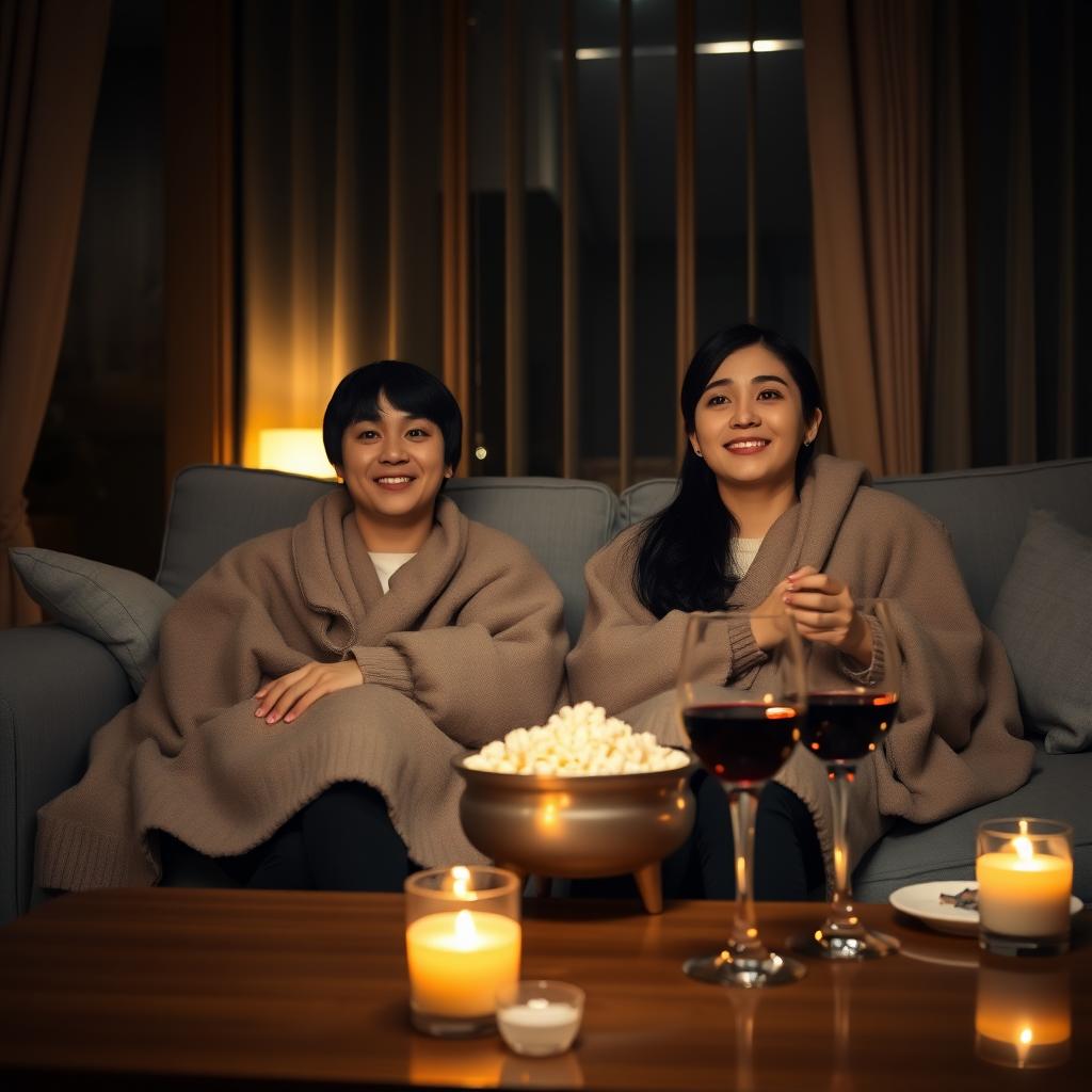 薄暗いリビングで映画を見る夫婦。ソファでブランケットにくるまり、ポップコーンとワインがコーヒーテーブルに置かれ、キャンドルの柔らかい光が温かい雰囲気を作る。