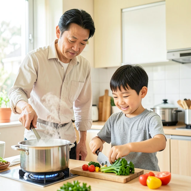 父親と一緒に料理をする子ども