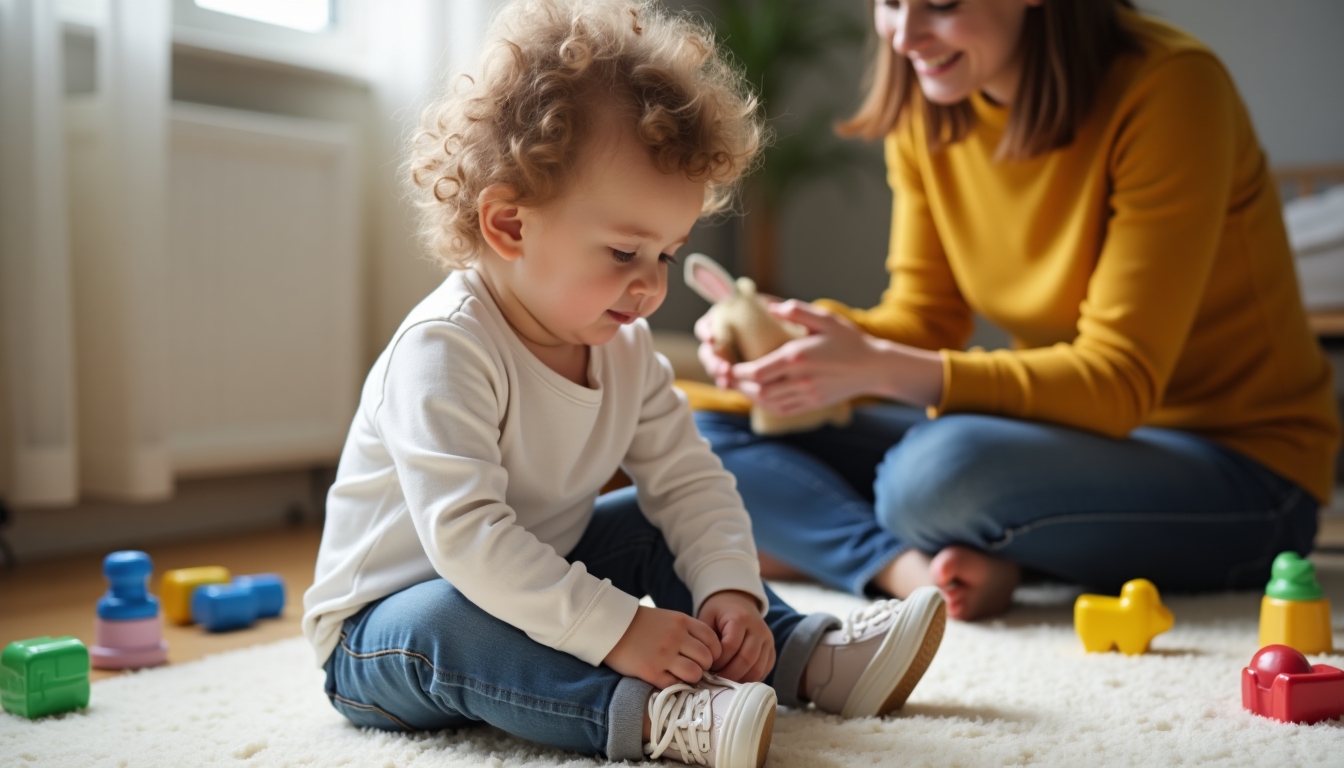 子供が自分で靴ひもを結んでいる様子、親が後ろで見守っている