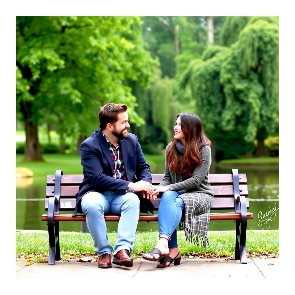 公園のベンチに座る夫婦が、心からの会話を楽しんでいる穏やかな屋外のシーン。背景には緑豊かな木々と静かな池があり、平和な雰囲気が漂う。二人とも穏やかに微笑み、手をつないでいる。