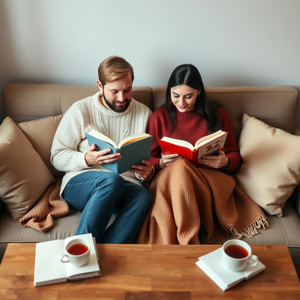 ソファで一緒に本を読む夫婦