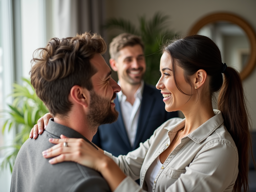 夫婦が抱き合い、愛情を込めて見つめ合い、カウンセラーが背景で微笑んでいる様子
