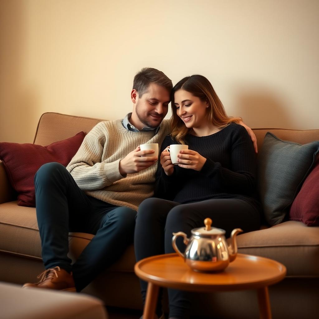 カップルが居心地の良いソファで紅茶を飲みながらくつろぐ様子。柔らかい照明のリビングにティーポットとカップが置かれた小さなテーブルがあり、穏やかな雰囲気が漂う。