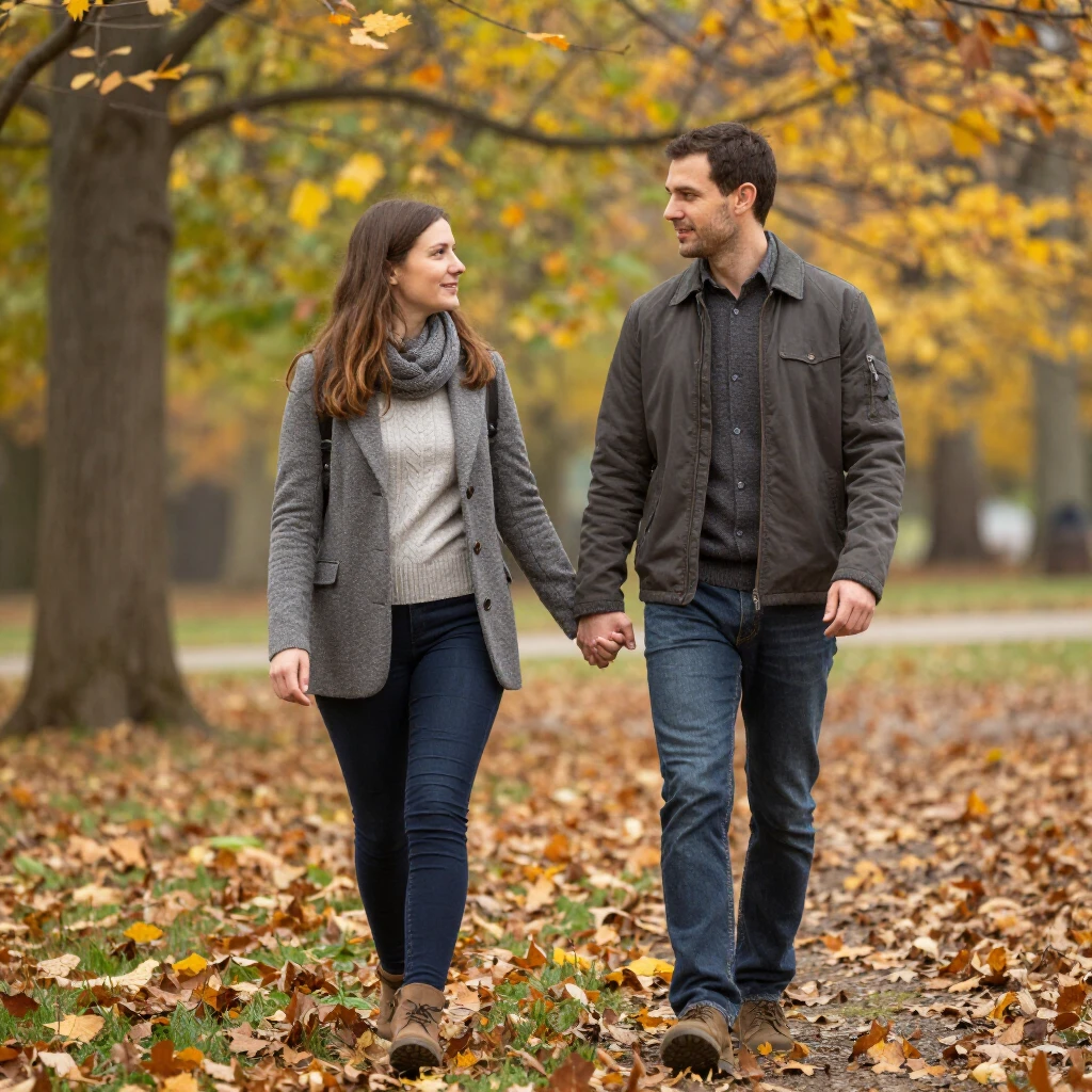 秋の公園で手をつないでリラックスして会話する夫婦、落ち葉が散る道