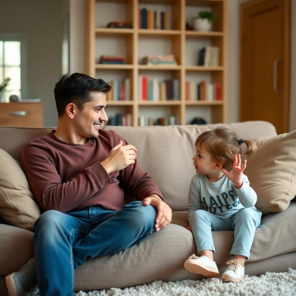 親と子がリビングのソファで心温まる会話をしているシーン。親は熱心に聞き、子は活発に話している。本棚と柔らかいラグが背景にある。