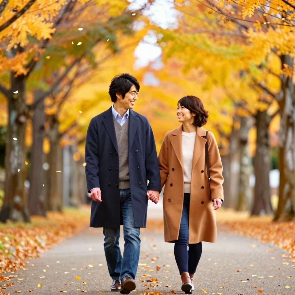 秋の並木道を手をつないで歩く夫婦