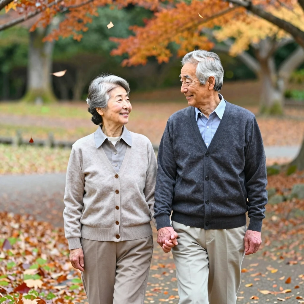 秋の公園で手をつなぐ幸せな夫婦の姿