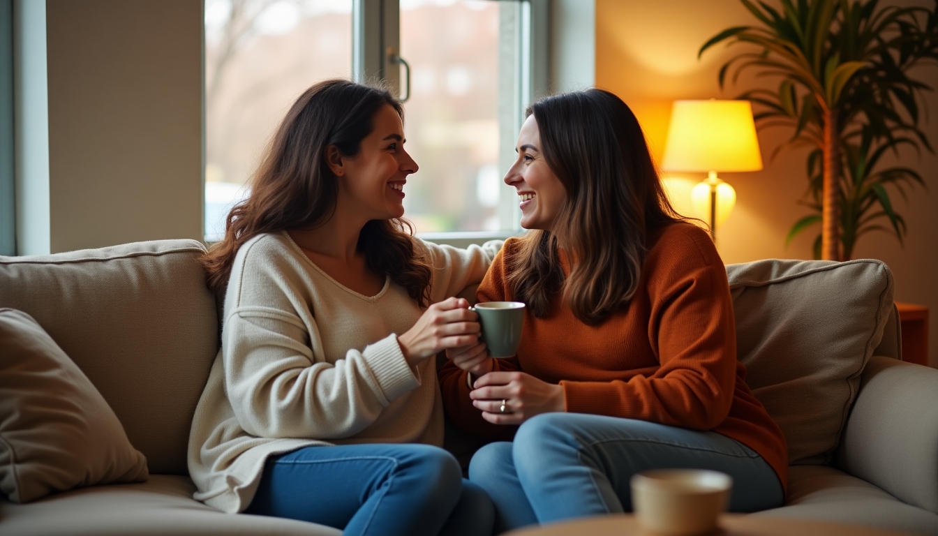 居心地の良いソファに座り、笑顔で向き合って話す夫婦。お茶がテーブルの上に置かれている。
