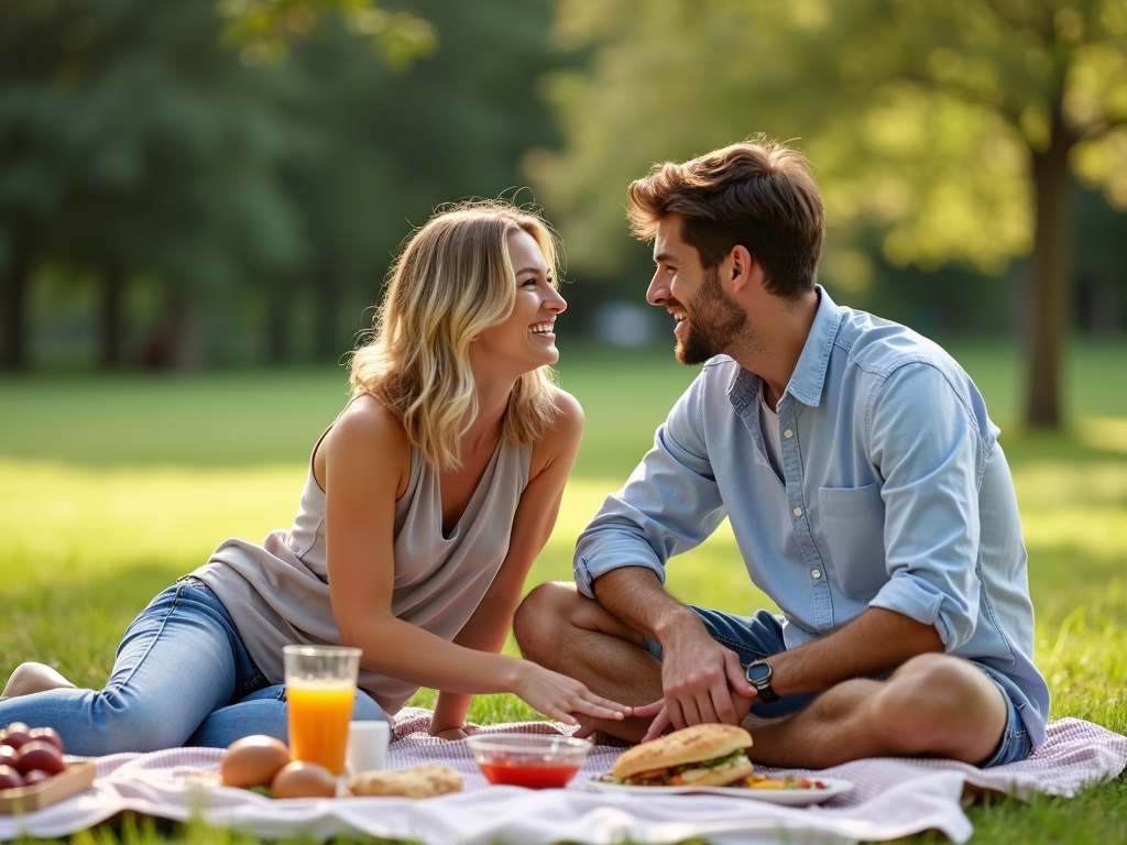 公園でピクニックを楽しむ幸せな夫婦