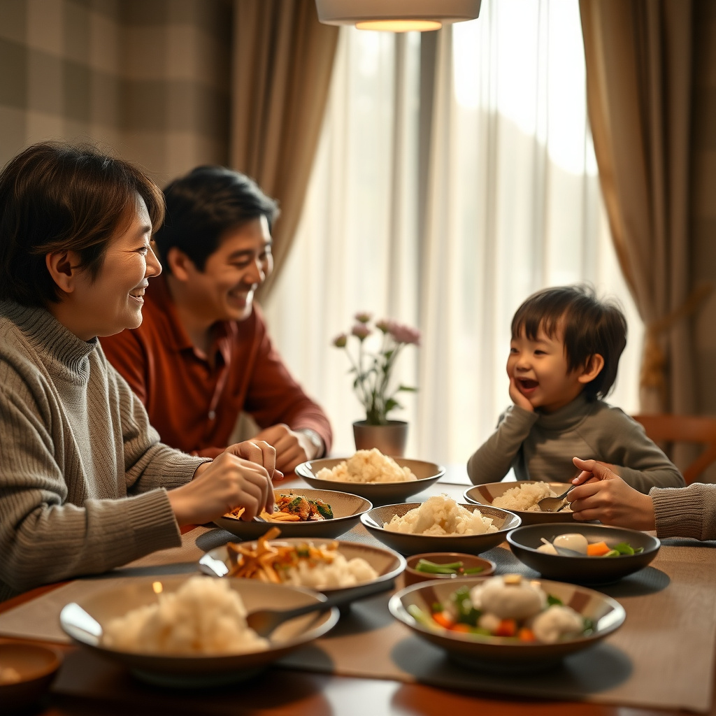 夕食のテーブルで笑い合う家族の温かなシーン