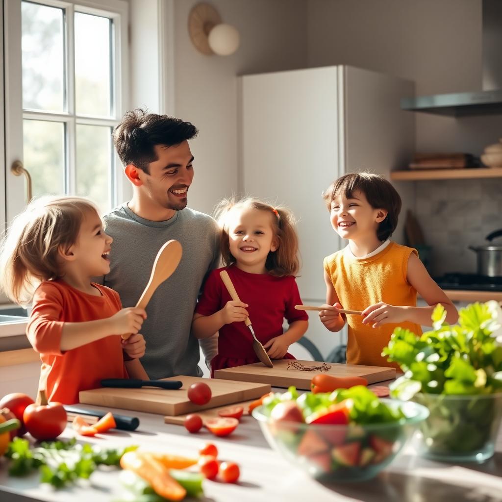 明るいキッチンで、親と2人の子どもが簡単な夕食を一緒に準備している様子。テーブルには色とりどりの野菜やサラダボウルが並び、子どもたちは笑いながら木のスプーンを持っている。