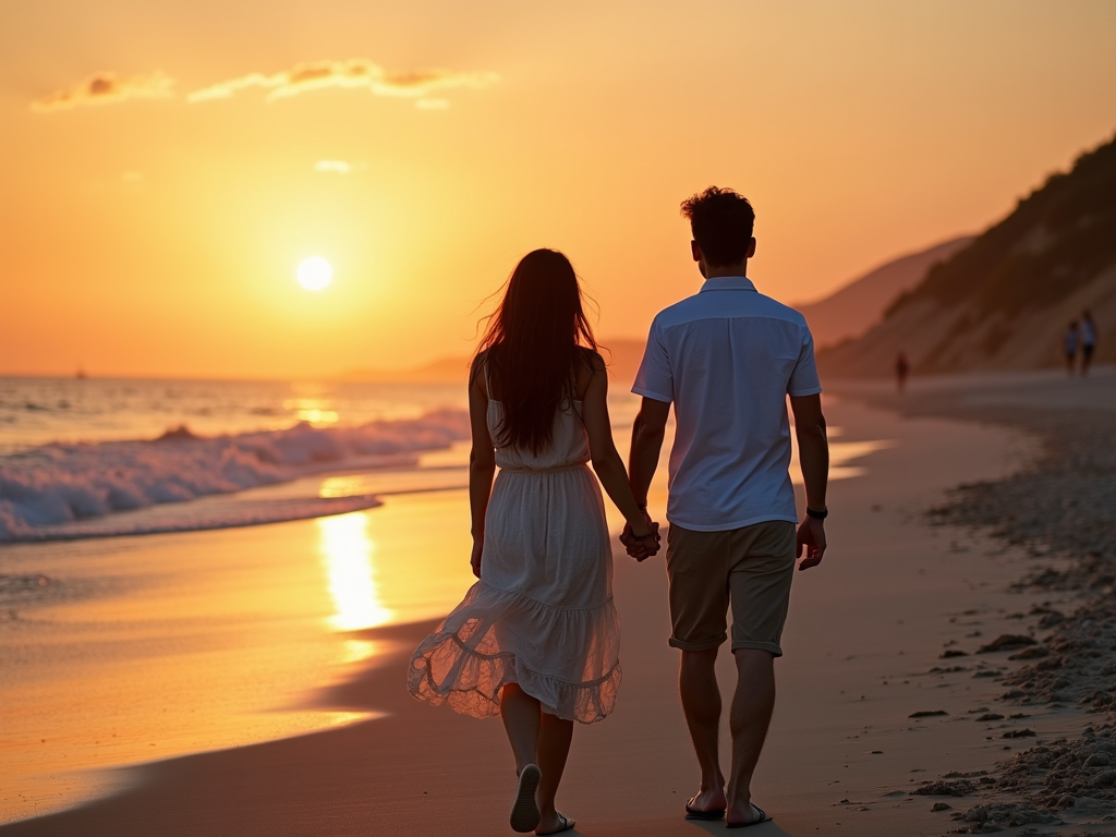 夫婦が夕暮れのビーチを手を繋いで歩いている様子。穏やかな表情で。