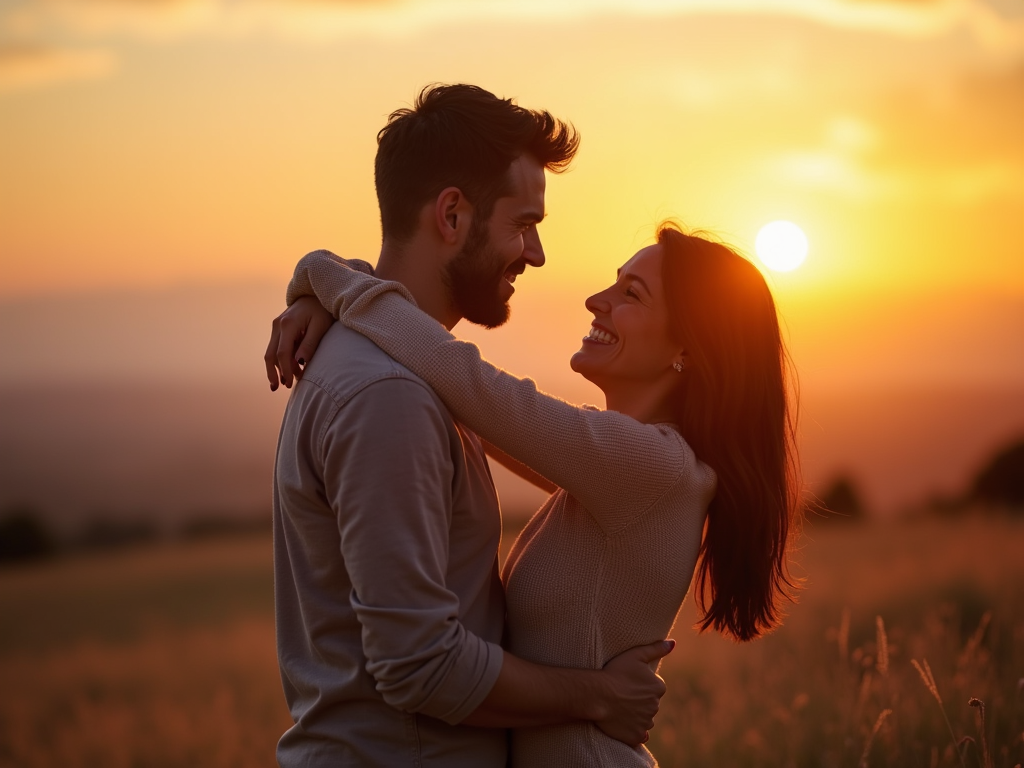 夕日の中で抱き合う夫婦