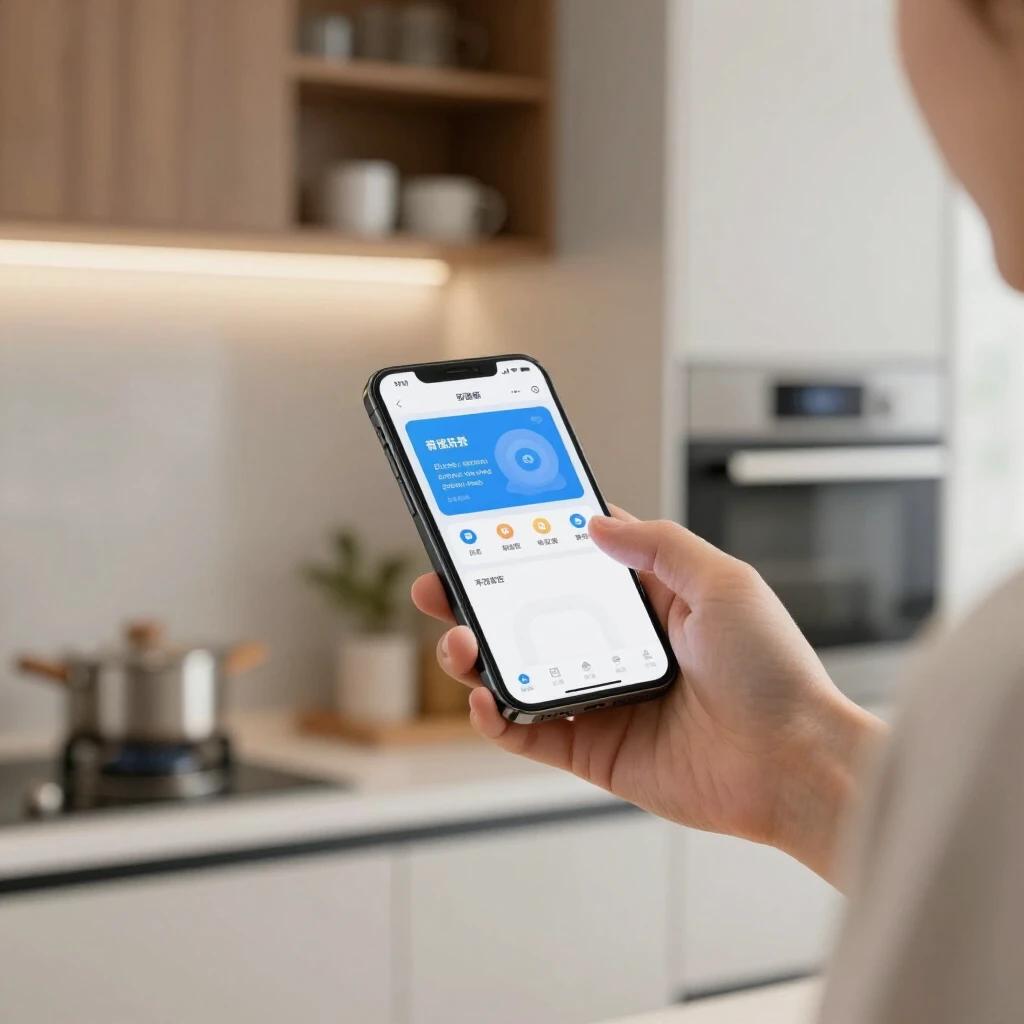 キッチンでスマホアプリを使ってスマート家電を操作する人の様子