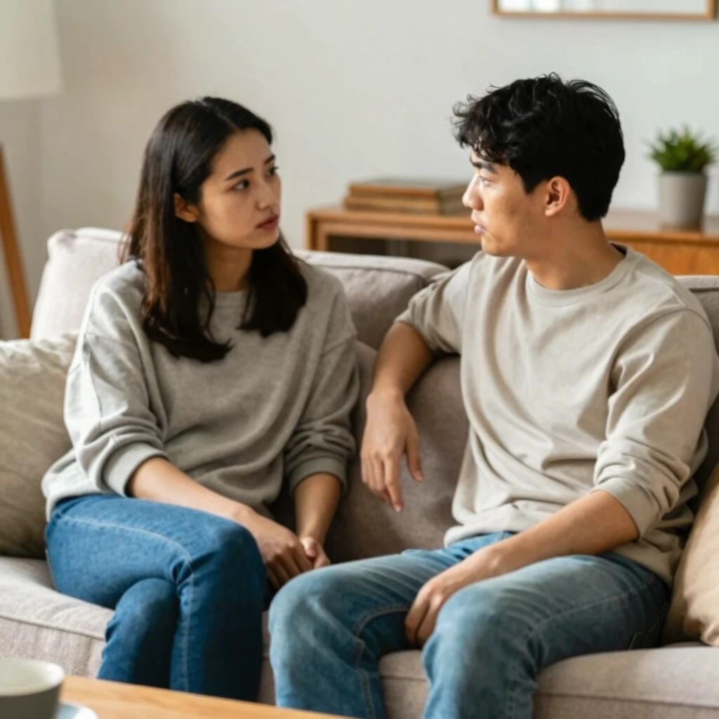 リビングで会話を交わす夫婦