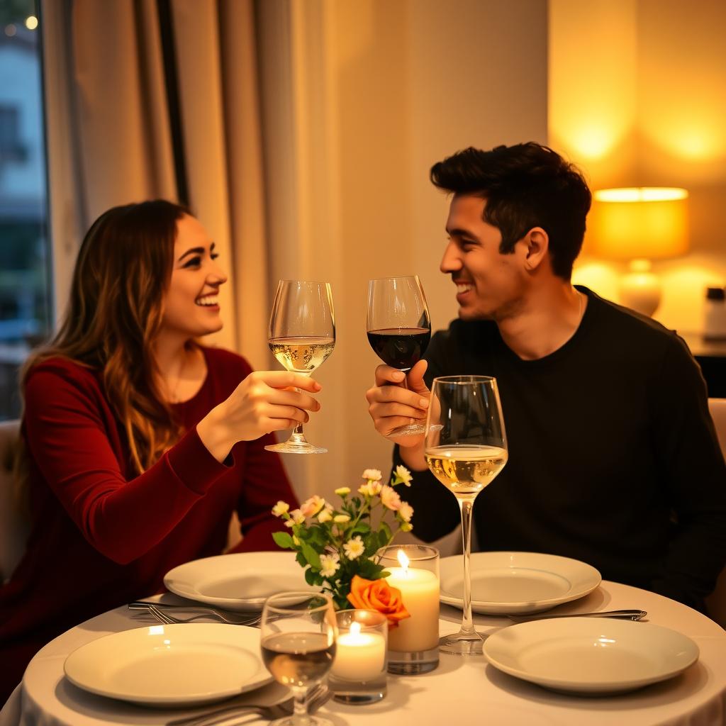 家でキャンドルライトディナーを楽しむ夫婦。エレガントなテーブルセッティングと柔らかな照明の中で、ワインで乾杯する。