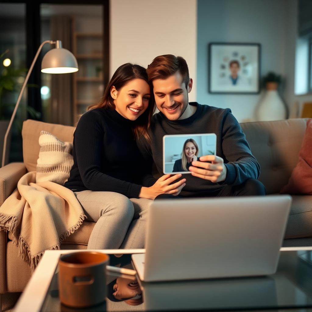 モダンなリビングルームのソファに寄り添って座る夫婦。コーヒーテーブルに置かれたラップトップでビデオ通話に参加している。温かみのある雰囲気と柔らかな照明、ソファには居心地の良いブランケットがかけられている。