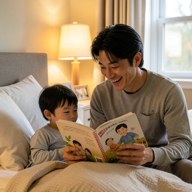 寝る前に絵本を読む父親と子供