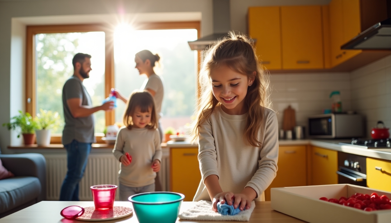 Family members engaging in household chores together.
