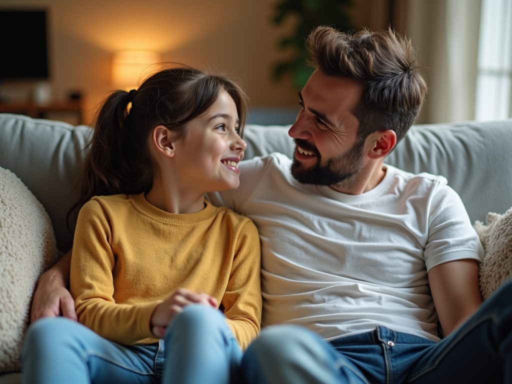 親と子供が庭を歩きながら会話をしている様子