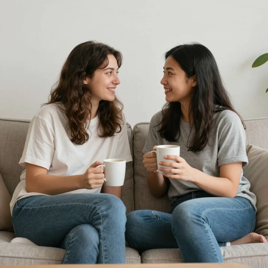 ソファでコーヒーを飲みながら親密に話すリラックスした夫婦