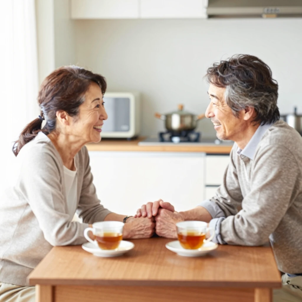 夫婦がキッチンテーブルで手を握り合い、穏やかに話す様子