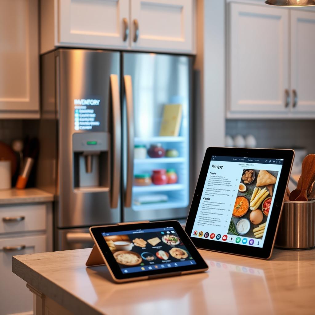 モダンなキッチンに置かれたスマート冷蔵庫。ドアに食材の在庫リストが表示され、カウンターのタブレットにはレシピアプリが映っている。