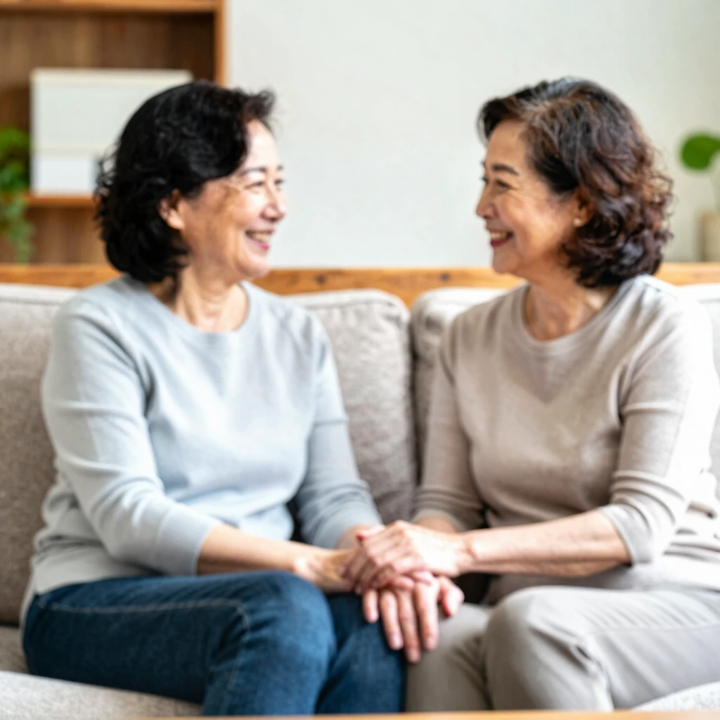 居心地の良いリビングで手をつないで微笑む中年のアジア人夫婦