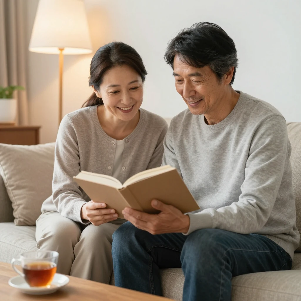本を一緒に読む穏やかな夫婦の姿