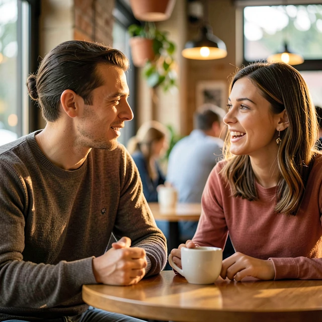カフェで真剣に話を聞く夫婦の様子