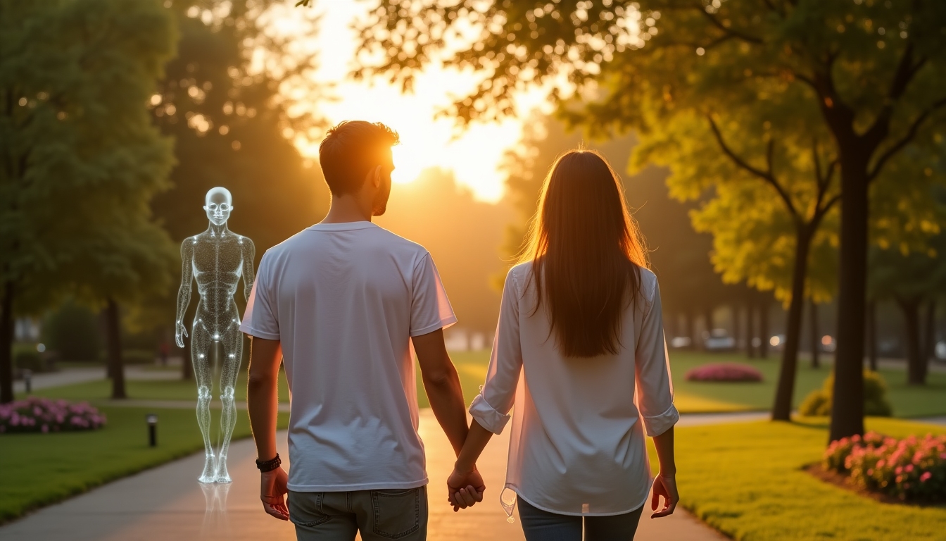 公園で手を繋いで歩く夫婦と、そばに控えめに映るホログラムのAI