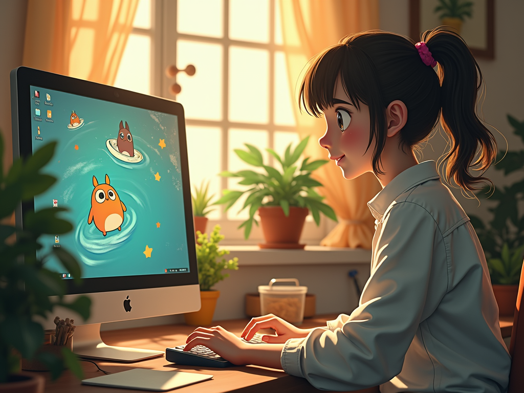 コンピュータを使ってジブリ風の画像を生成する人、笑顔で、明るく cheerful な部屋で。