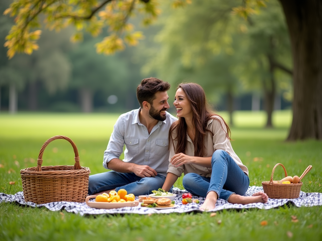 公園でのピクニックを楽しむ夫婦